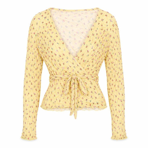 ASOS Design Women Yellow Floral Wrap Peplum Blouse UK 8 Long Sleeve