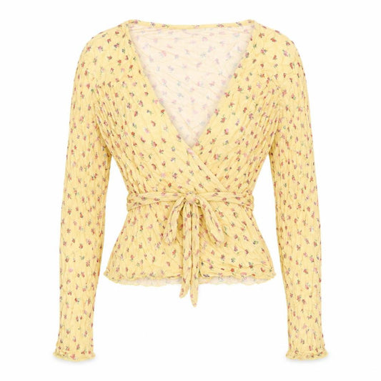 ASOS Design Women Yellow Floral Wrap Peplum Blouse UK 8 Long Sleeve