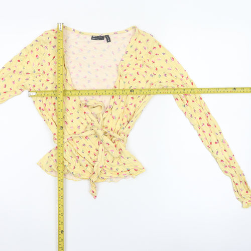 ASOS Design Women Yellow Floral Wrap Peplum Blouse UK 8 Long Sleeve