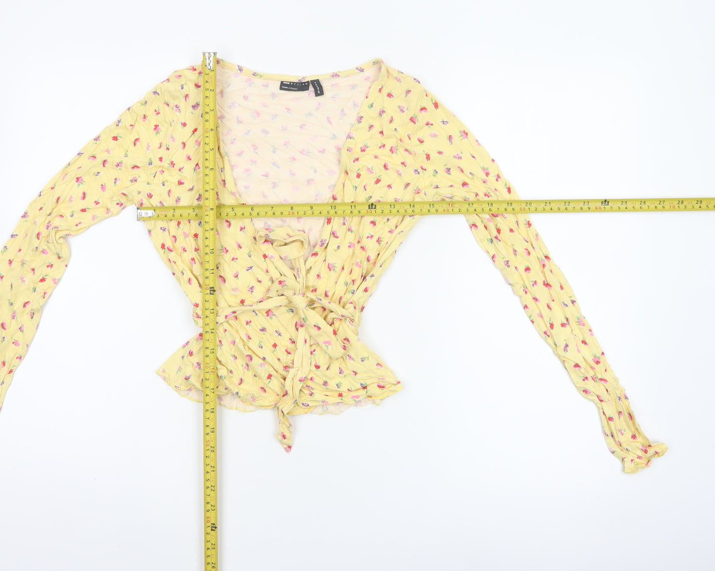 ASOS Design Women Yellow Floral Wrap Peplum Blouse UK 8 Long Sleeve