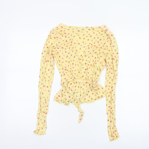 ASOS Design Women Yellow Floral Wrap Peplum Blouse UK 8 Long Sleeve