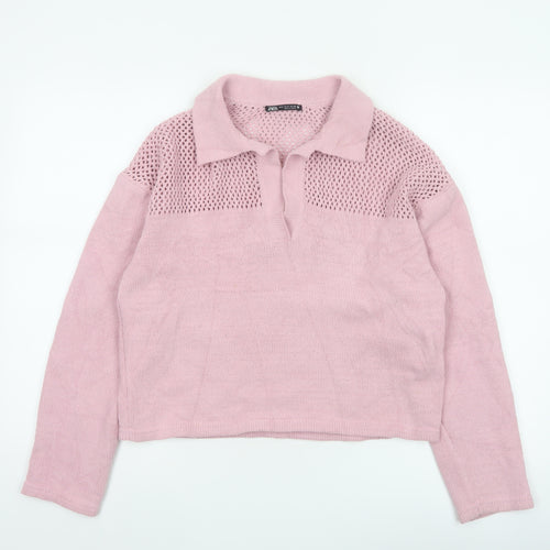 Zara Women Pink S Open Knit Collared Long Sleeve Pullover Jumper