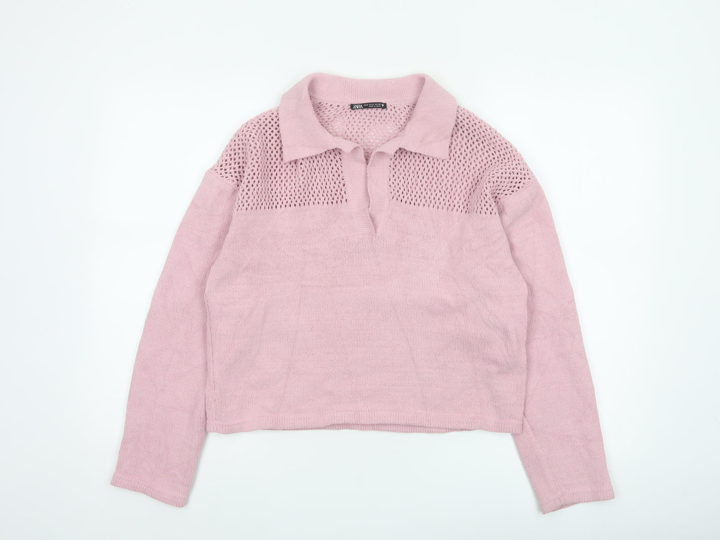 Zara Women Pink S Open Knit Collared Long Sleeve Pullover Jumper