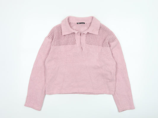 Zara Women Pink S Open Knit Collared Long Sleeve Pullover Jumper