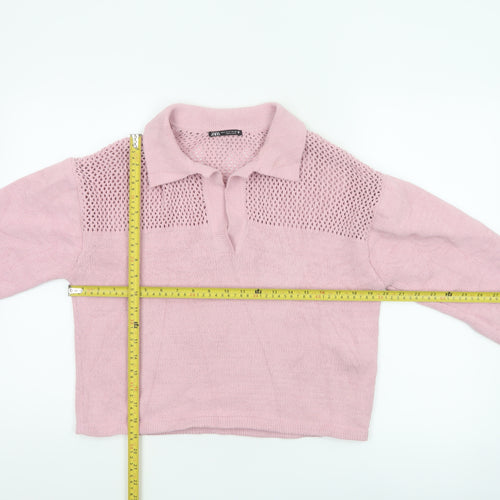 Zara Women Pink S Open Knit Collared Long Sleeve Pullover Jumper