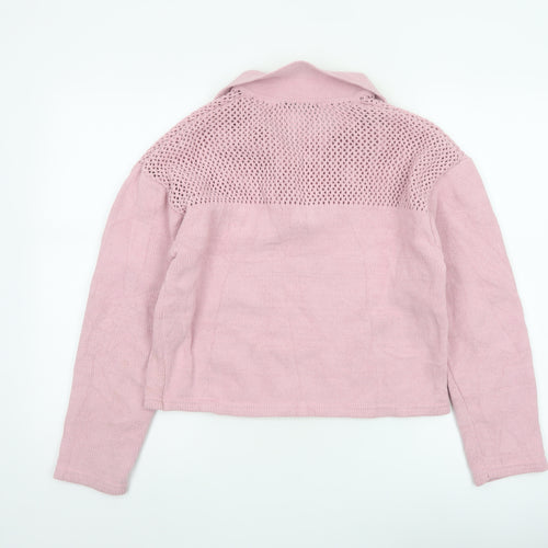 Zara Women Pink S Open Knit Collared Long Sleeve Pullover Jumper