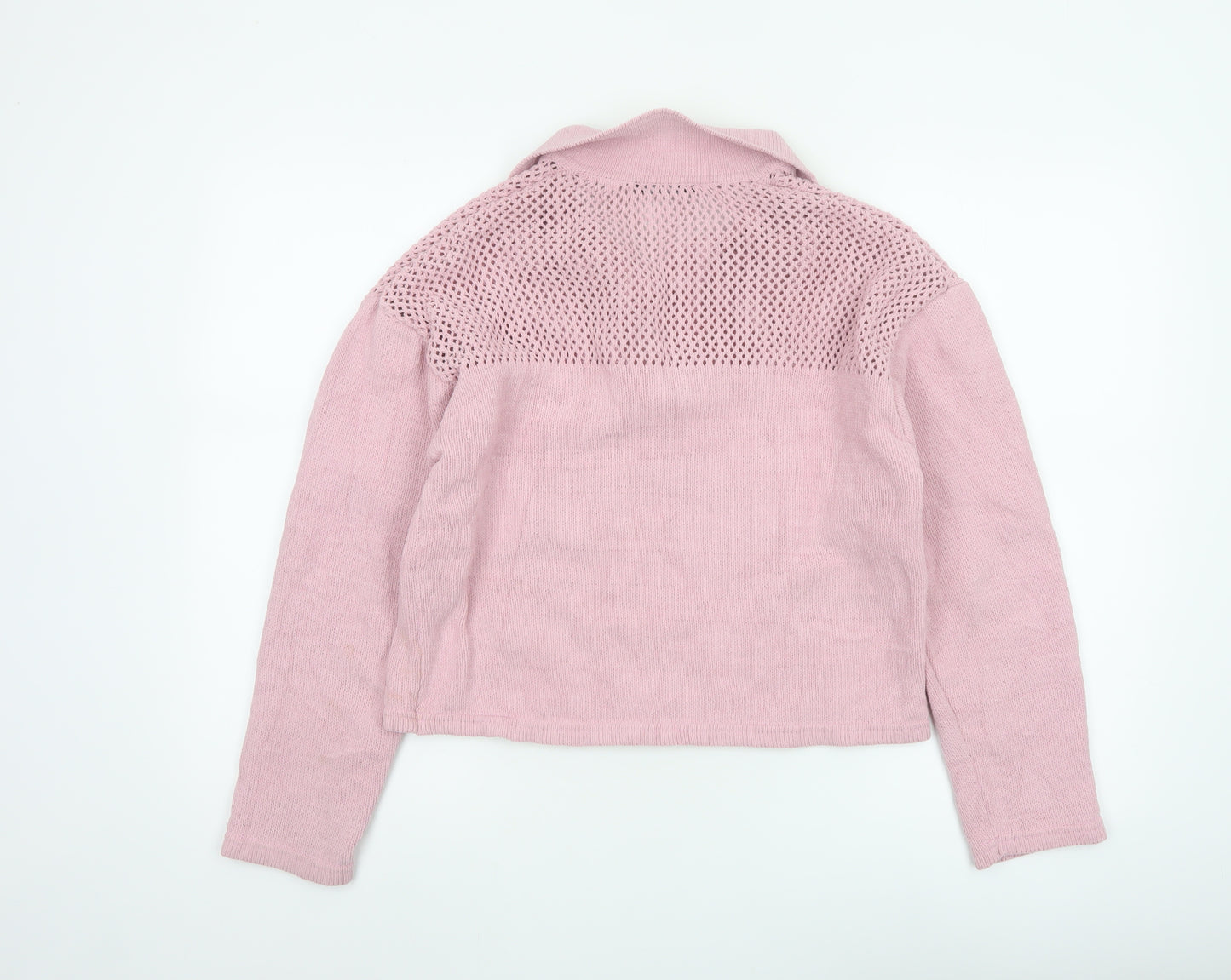 Zara Women Pink S Open Knit Collared Long Sleeve Pullover Jumper