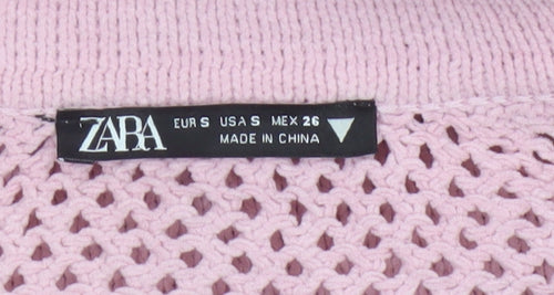 Zara Women Pink S Open Knit Collared Long Sleeve Pullover Jumper