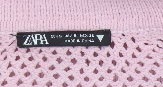 Zara Women Pink S Open Knit Collared Long Sleeve Pullover Jumper