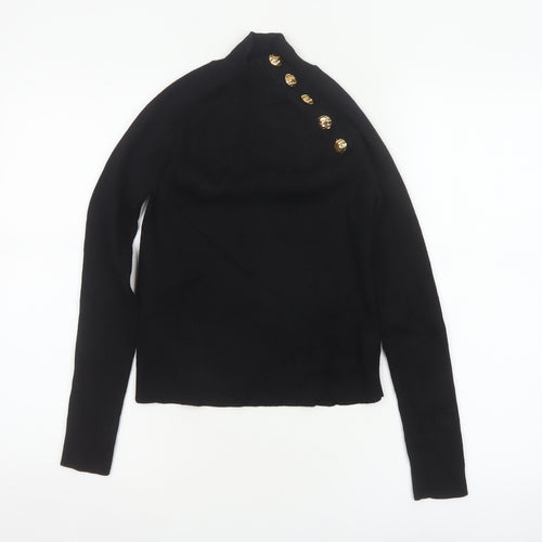 Zara Women Black Size S High Neck Ribbed Knit Gold Button Jumper