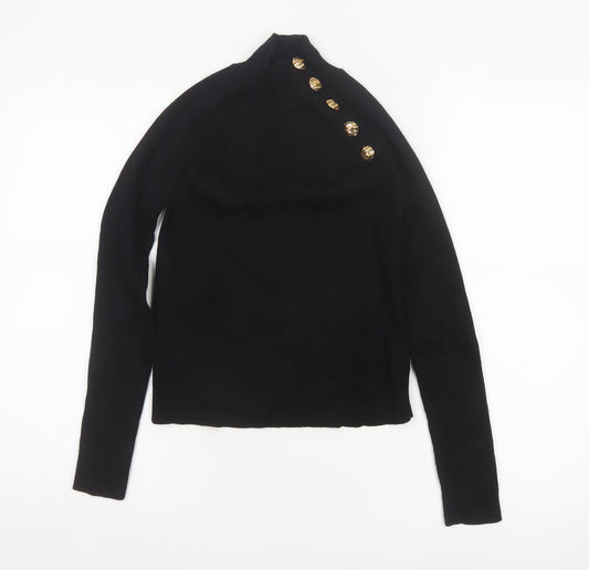 Zara Women Black Size S High Neck Ribbed Knit Gold Button Jumper