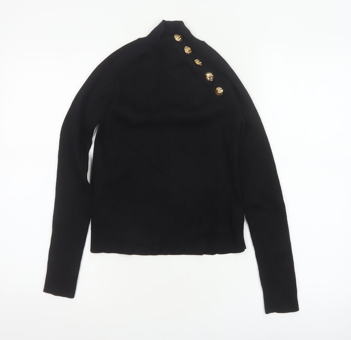 Zara Women Black Size S High Neck Ribbed Knit Gold Button Jumper