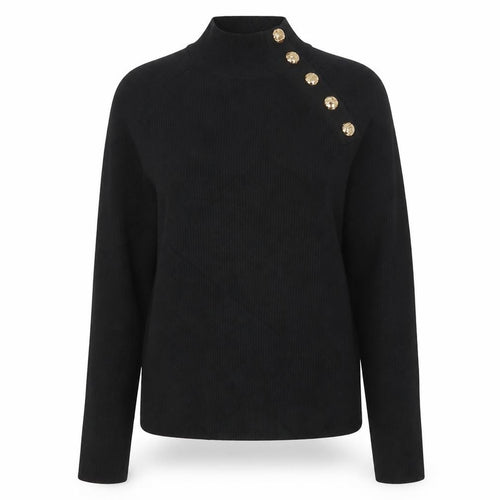 Zara Women Black Size S High Neck Ribbed Knit Gold Button Jumper