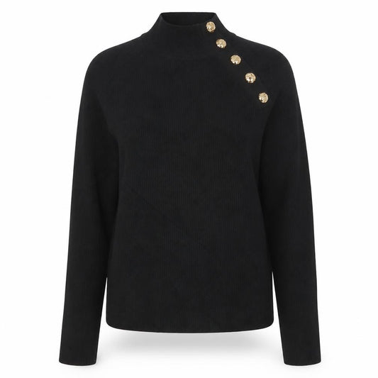 Zara Women Black Size S High Neck Ribbed Knit Gold Button Jumper