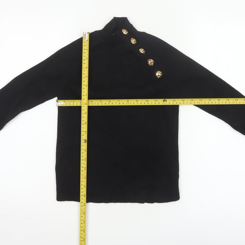 Zara Women Black Size S High Neck Ribbed Knit Gold Button Jumper