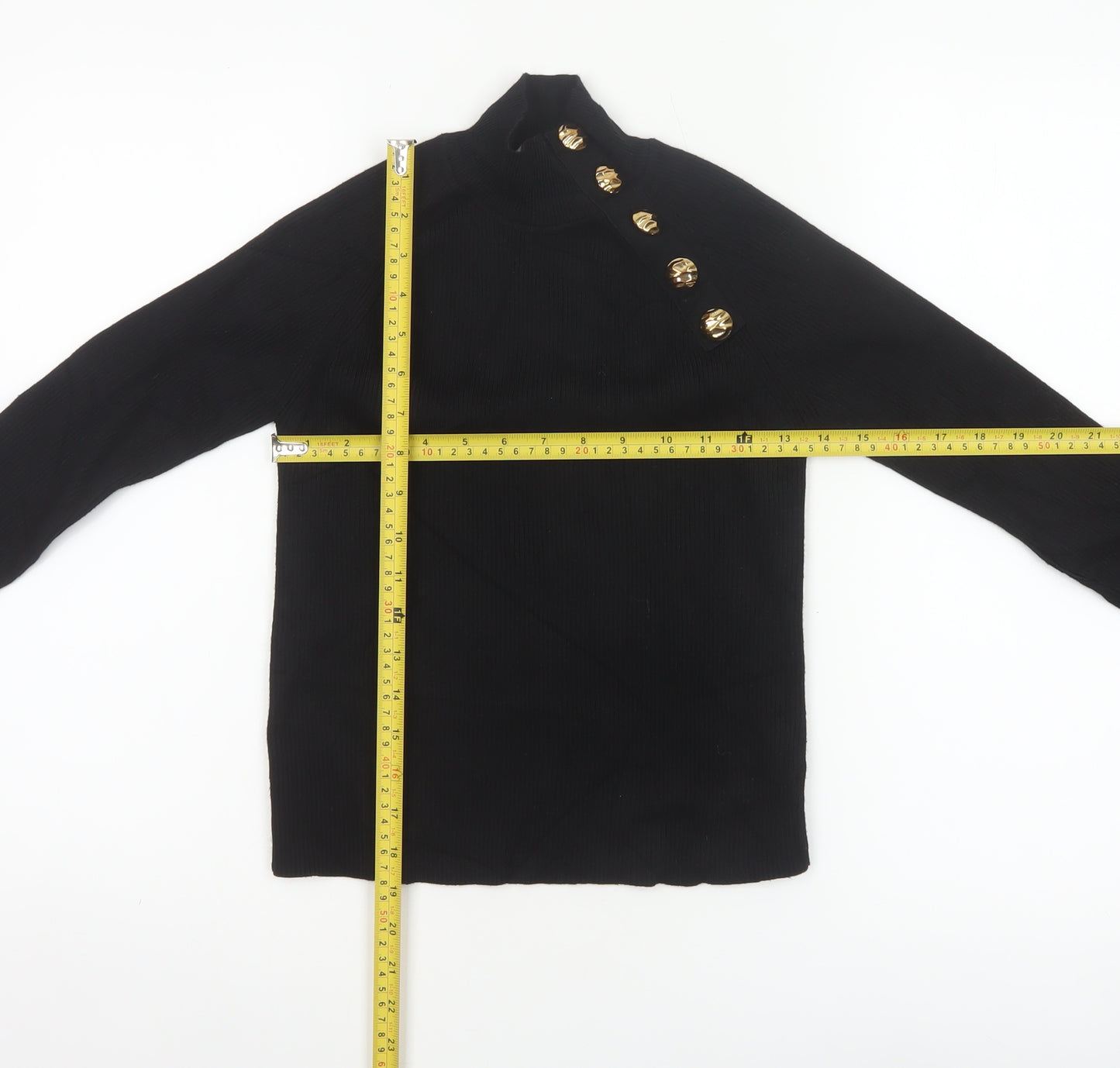 Zara Women Black Size S High Neck Ribbed Knit Gold Button Jumper