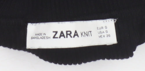 Zara Women Black Size S High Neck Ribbed Knit Gold Button Jumper