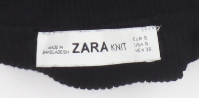Zara Women Black Size S High Neck Ribbed Knit Gold Button Jumper