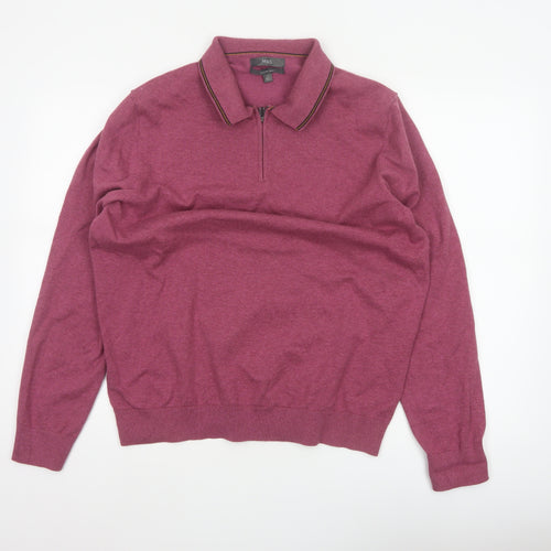 Marks and Spencer Men’s Pink L Cotton Rich 1/4 Zip Collared Jumper