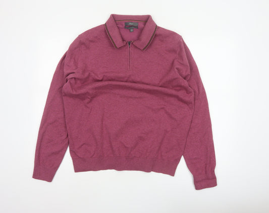 Marks and Spencer Men’s Pink L Cotton Rich 1/4 Zip Collared Jumper