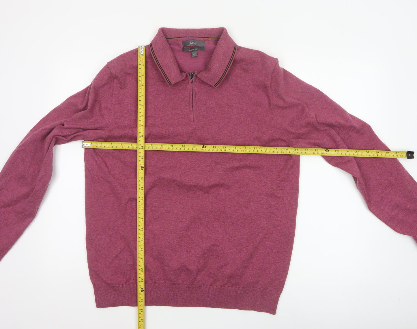 Marks and Spencer Men’s Pink L Cotton Rich 1/4 Zip Collared Jumper