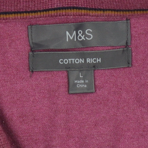 Marks and Spencer Men’s Pink L Cotton Rich 1/4 Zip Collared Jumper