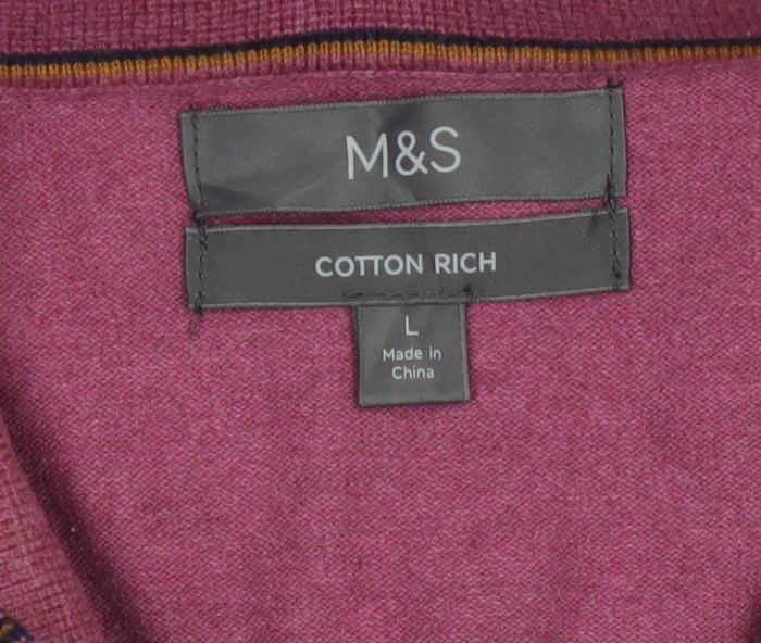 Marks and Spencer Men’s Pink L Cotton Rich 1/4 Zip Collared Jumper