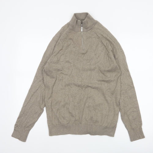 Marks and Spencer Men's Beige S Cable Knit 1/2 Zip High Neck Jumper
