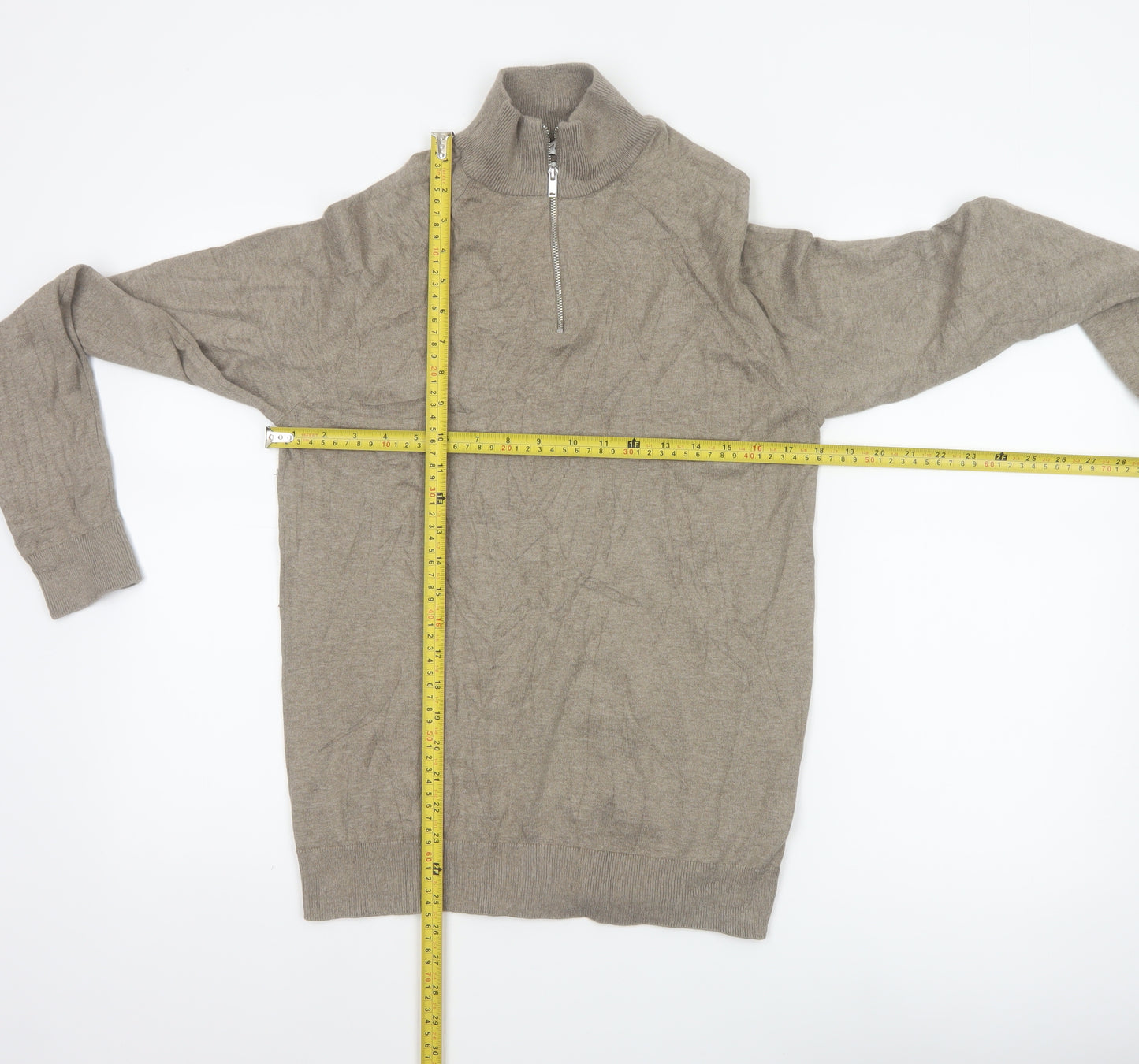 Marks and Spencer Men's Beige S Cable Knit 1/2 Zip High Neck Jumper