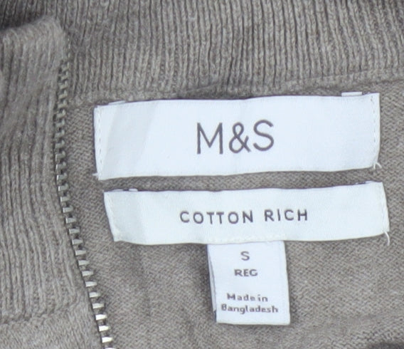 Marks and Spencer Men's Beige S Cable Knit 1/2 Zip High Neck Jumper
