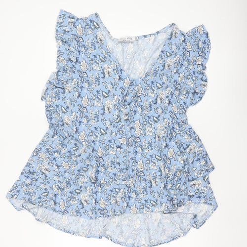 In The Style Women Blue Floral UK 24 Wrap Peplum Flutter Sleeve Blouse
