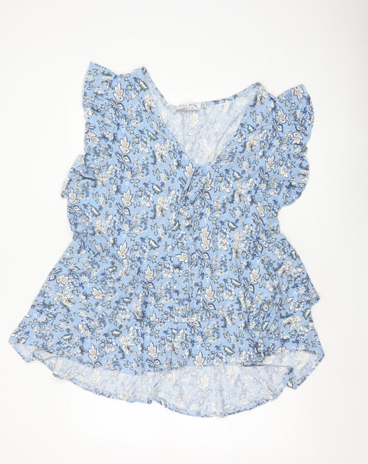 In The Style Women Blue Floral UK 24 Wrap Peplum Flutter Sleeve Blouse
