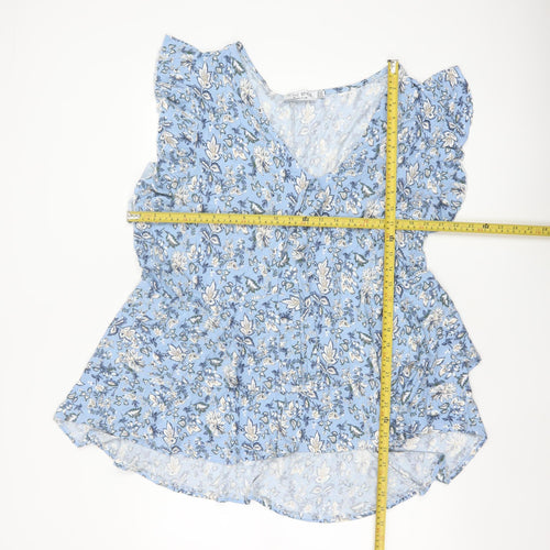 In The Style Women Blue Floral UK 24 Wrap Peplum Flutter Sleeve Blouse