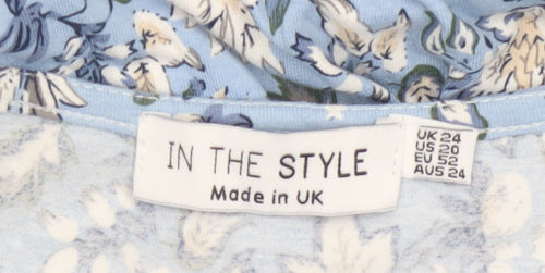 In The Style Women Blue Floral UK 24 Wrap Peplum Flutter Sleeve Blouse