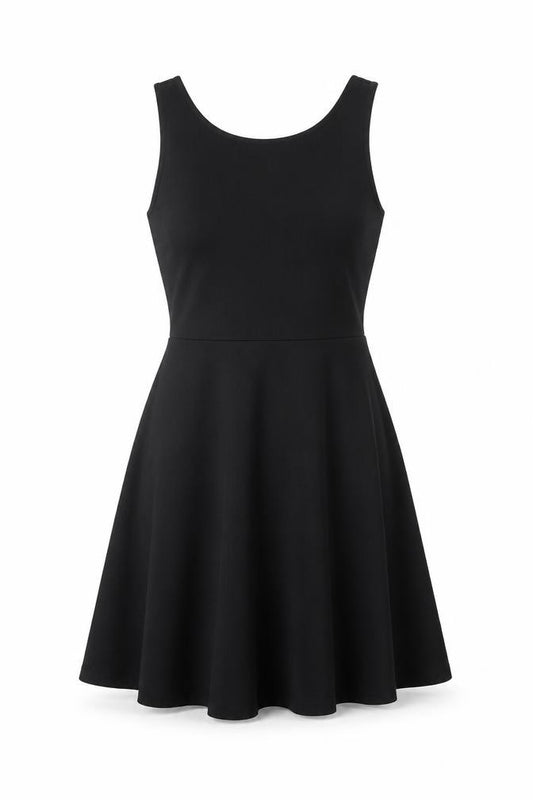 Front view of H&M Women Black UK 8 Skater Dress Scoop Neck Stretch Knee Length