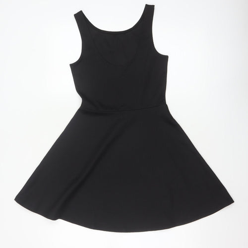 H&M Women Black UK 8 Skater Dress Scoop Neck Stretch Knee Length