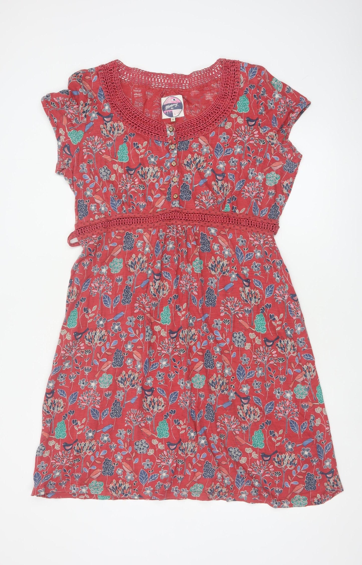 Montaray Women Red Floral Cotton A-Line Knee Dress Size 18