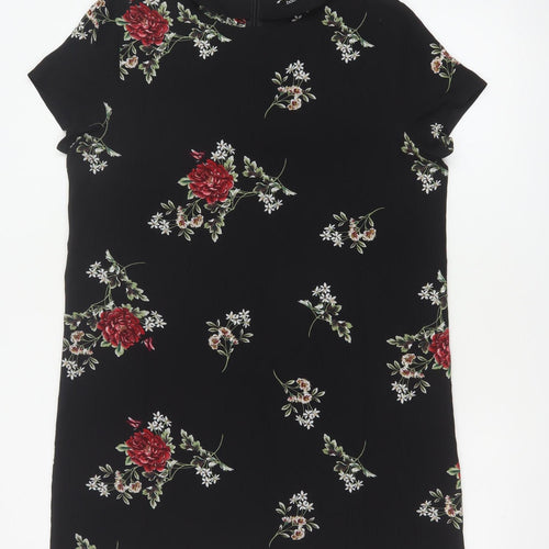 Boohoo Women Black Floral Shift Dress UK 12 Short Sleeve Knee Length