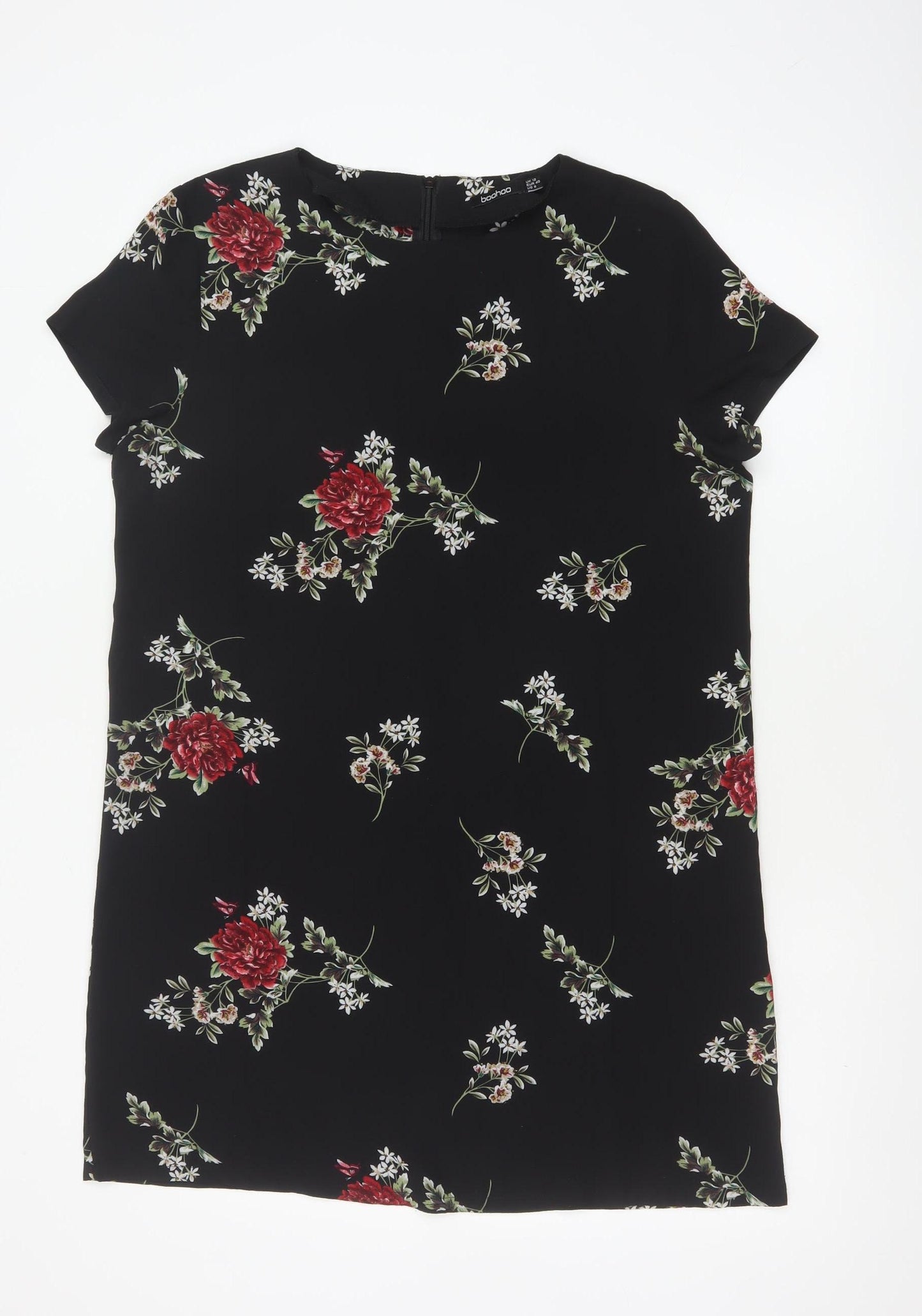 Boohoo Women Black Floral Shift Dress UK 12 Short Sleeve Knee Length