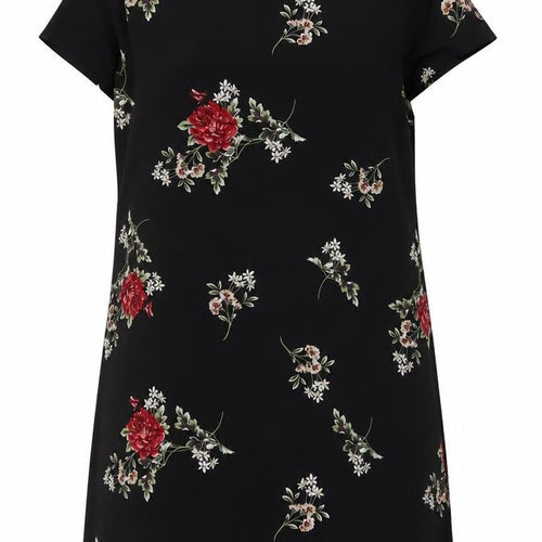 Boohoo Women Black Floral Shift Dress UK 12 Short Sleeve Knee Length