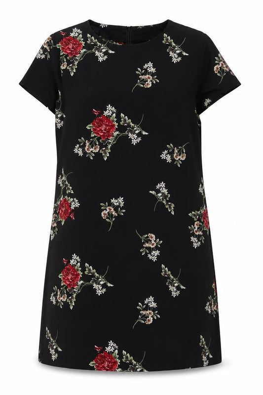 Front view of Boohoo Women Black Floral Shift Dress UK 12 Short Sleeve Knee Length