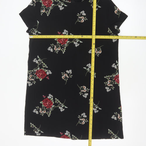 Boohoo Women Black Floral Shift Dress UK 12 Short Sleeve Knee Length
