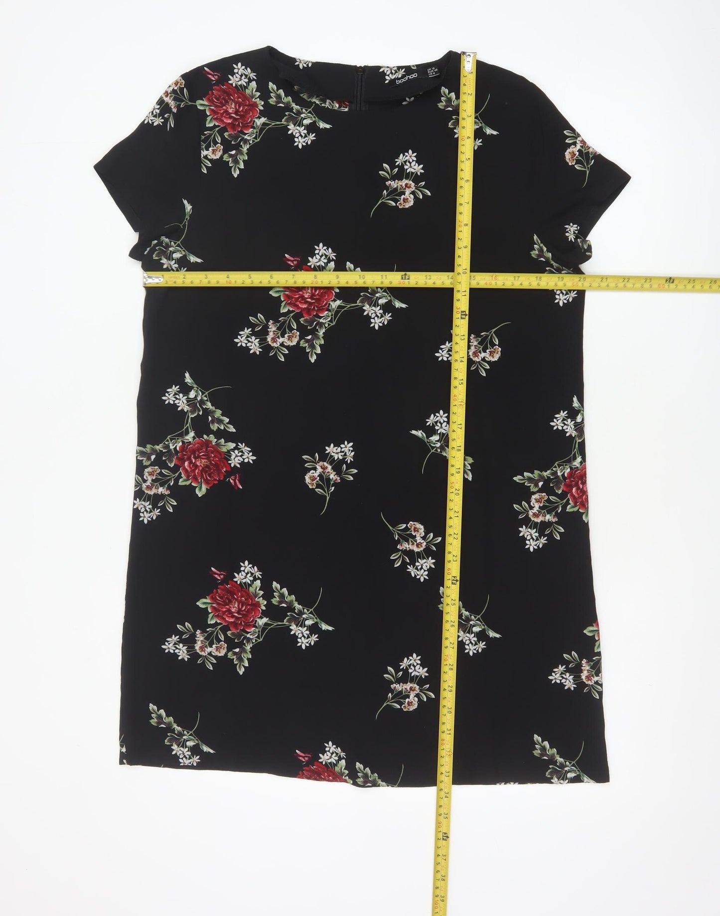 Boohoo Women Black Floral Shift Dress UK 12 Short Sleeve Knee Length