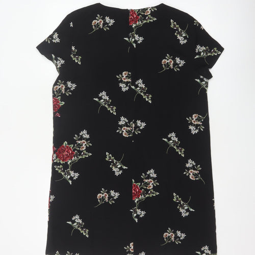 Boohoo Women Black Floral Shift Dress UK 12 Short Sleeve Knee Length