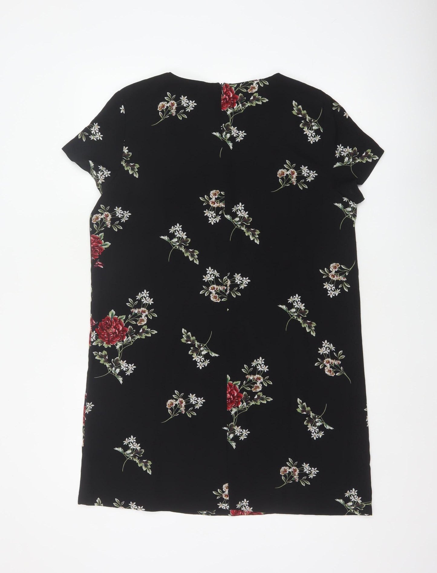 Boohoo Women Black Floral Shift Dress UK 12 Short Sleeve Knee Length
