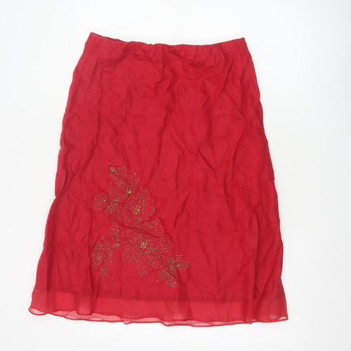 Marks & Spencer Women Red UK 14 Linen Floral Beaded A-Line Skirt