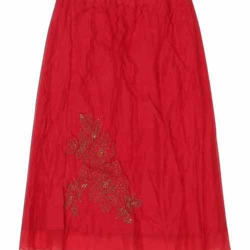 Marks & Spencer Women Red UK 14 Linen Floral Beaded A-Line Skirt