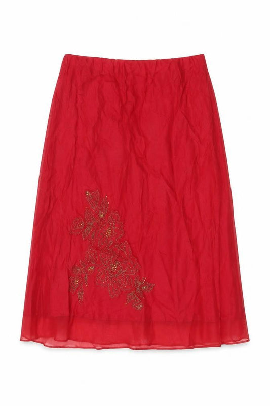 Marks & Spencer Women Red UK 14 Linen Floral Beaded A-Line Skirt