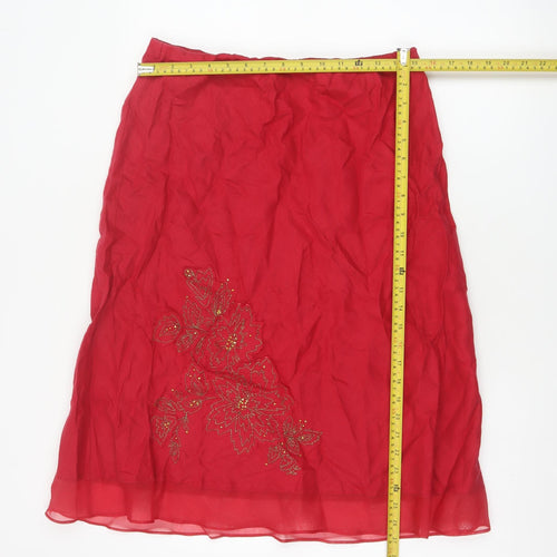 Marks & Spencer Women Red UK 14 Linen Floral Beaded A-Line Skirt