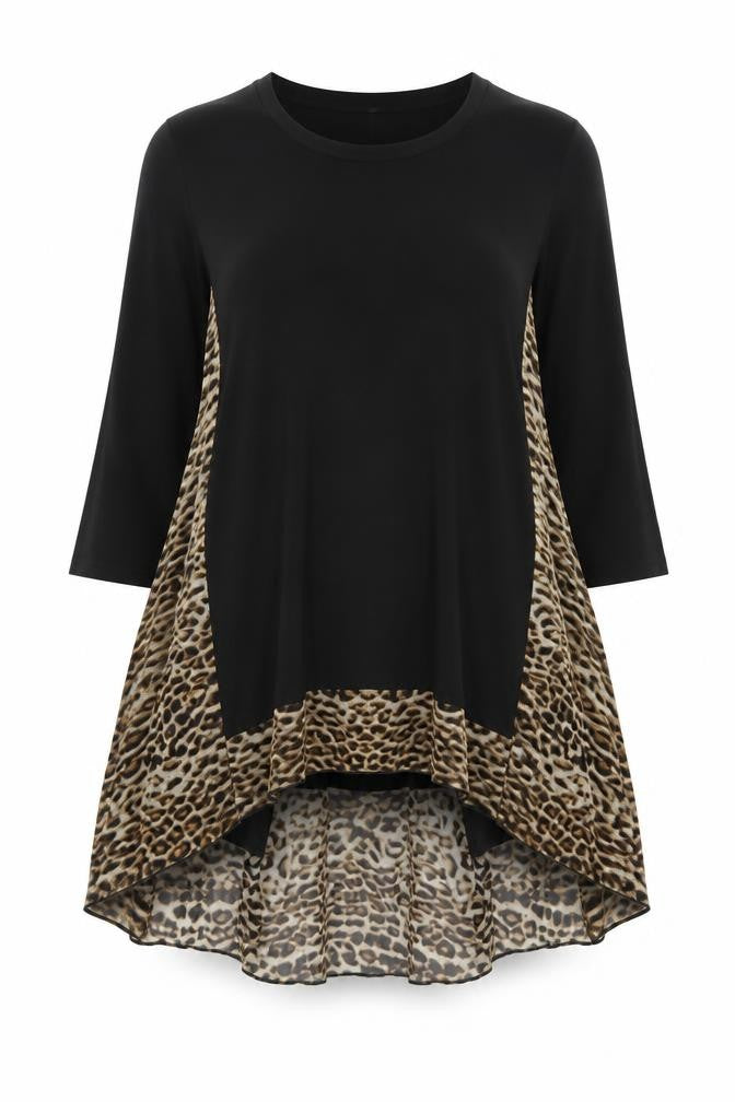 New Look Women’s Black Leopard Print Sheer Hem Tunic Blouse UK 12